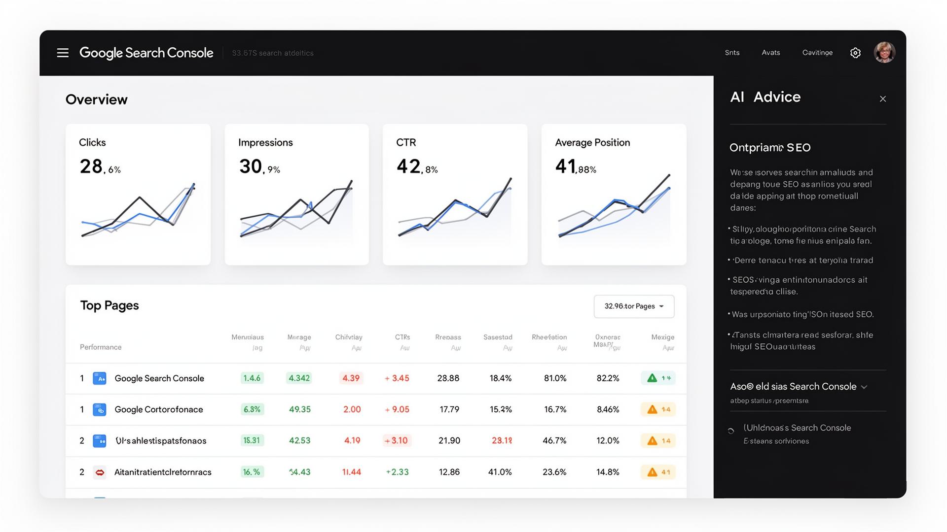 Google Search Console integration dashboard with clicks, impressions, CTR and positions