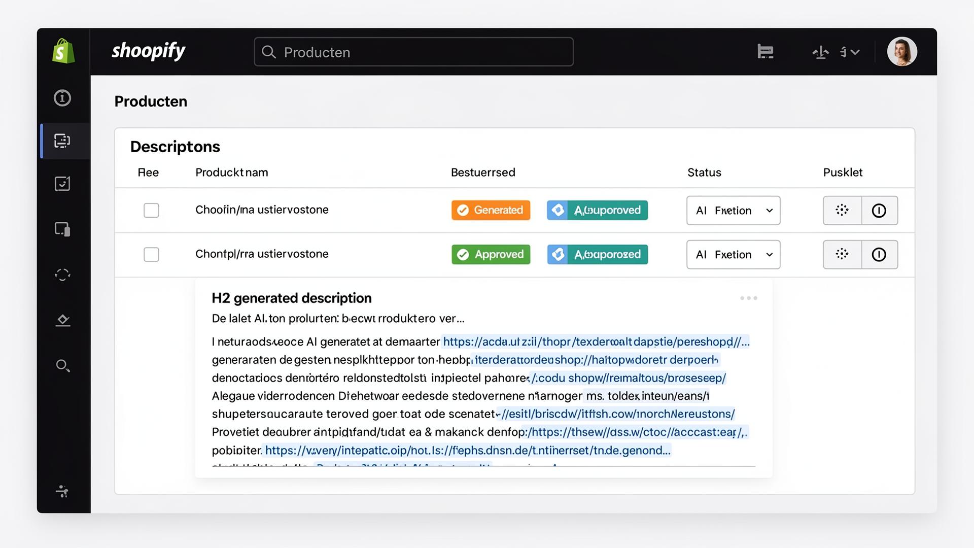 Shopify productpagina met door AI geschreven, SEO-geoptimaliseerde productomschrijving