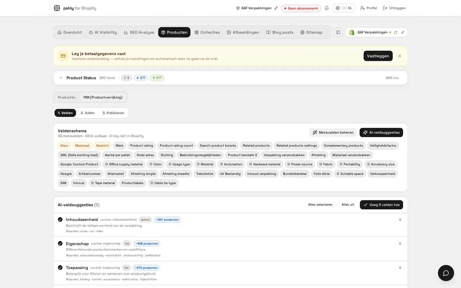 Fase 1 in Pshly.ai: veldenschema met AI-veldsuggesties voor Shopify-metavelden