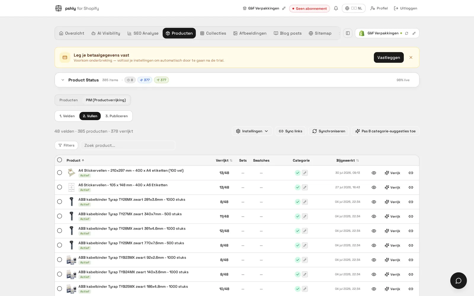 Fase 2 in Pshly.ai: bulk AI-verrijking met dekking per product en swatch-status