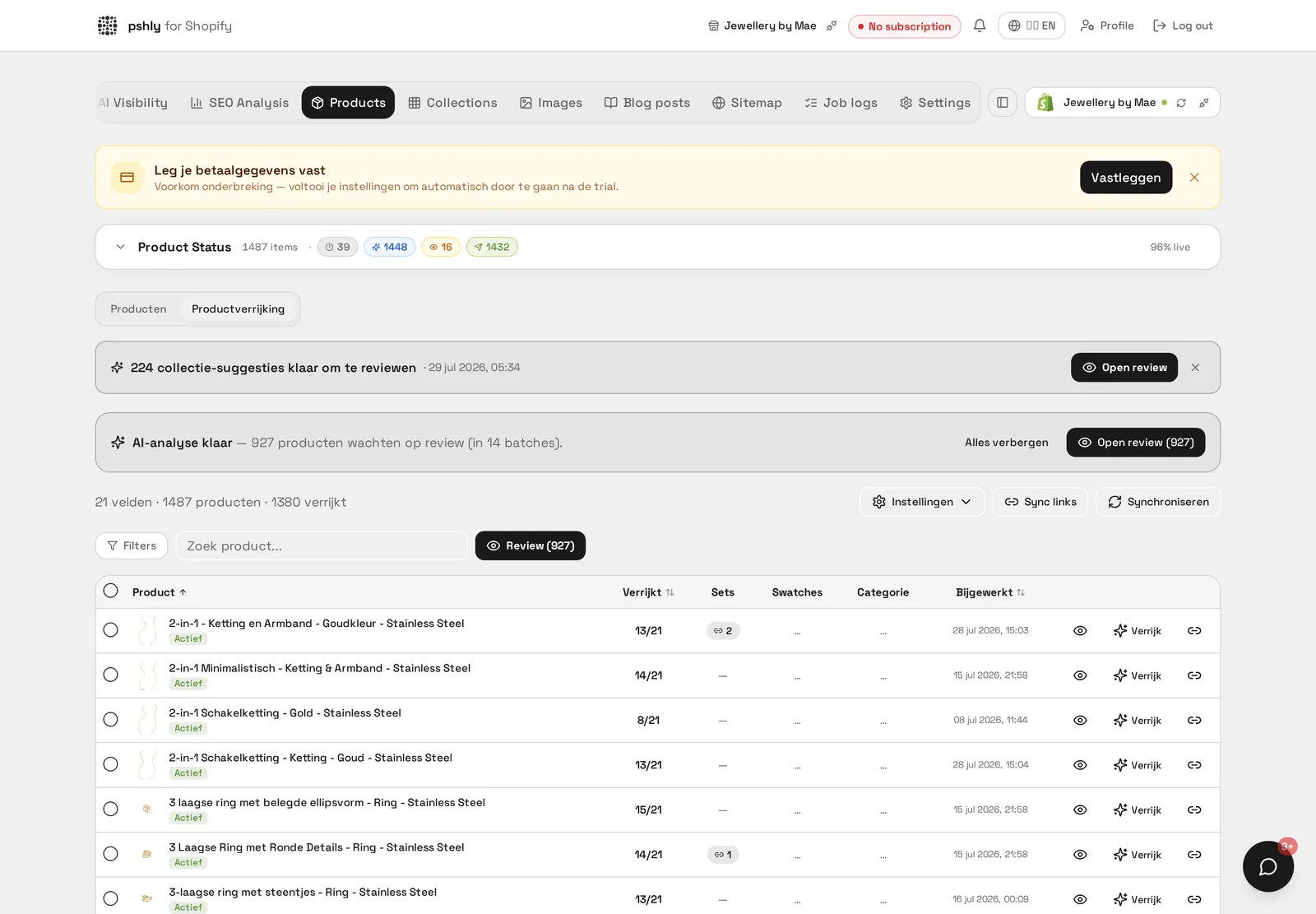 Pshly.ai dashboard dat werkt als Shopify PIM: centrale productdata, AI-metafields, SEO en beeld